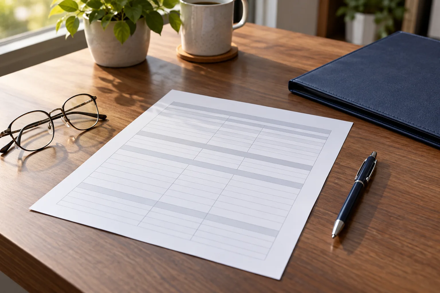 A printed insurance document, reading glasses, and a pen arranged on a desk in warm window light