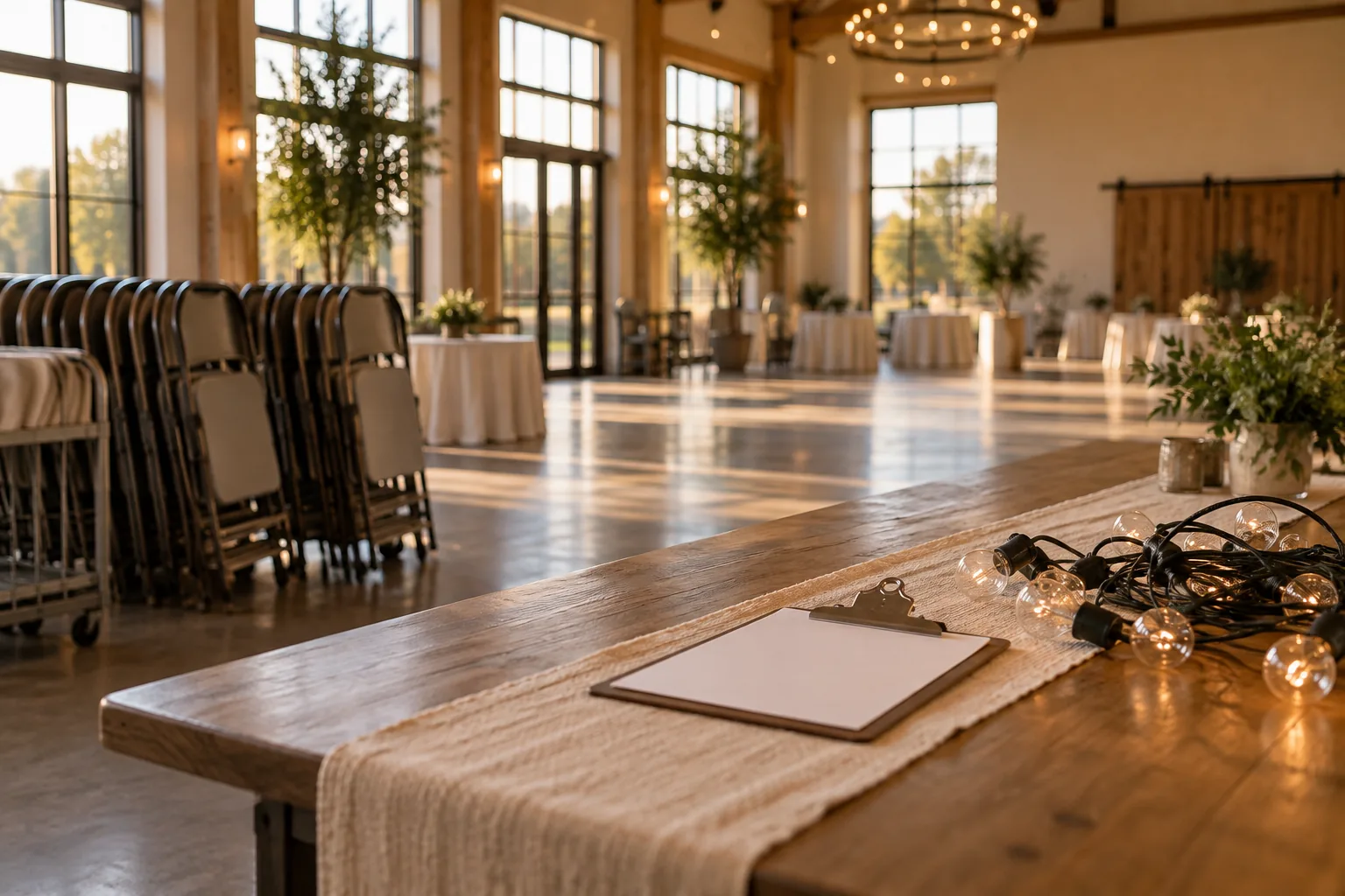 Folding chairs, string lights, and a clipboard on a table in a Texas event hall in warm afternoon light