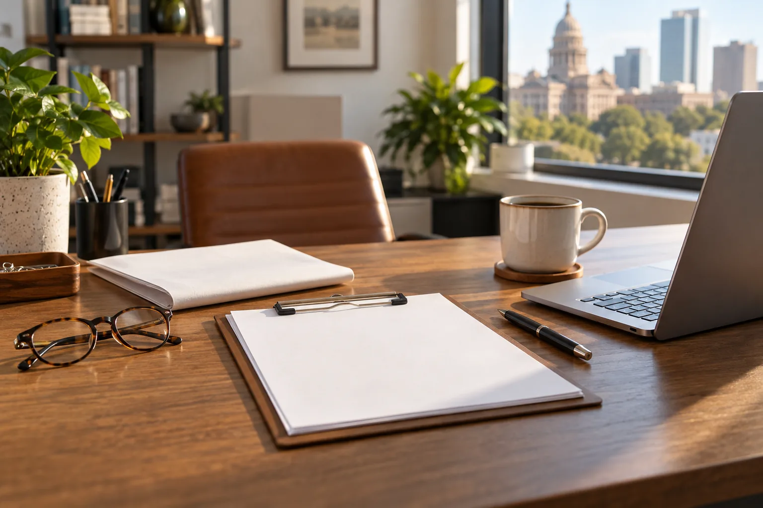 Blank papers on a clipboard beside a laptop and coffee cup in a Texas office