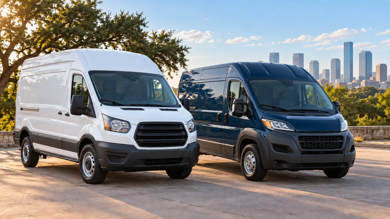 White and navy commercial vans parked side by side on a sunlit lot