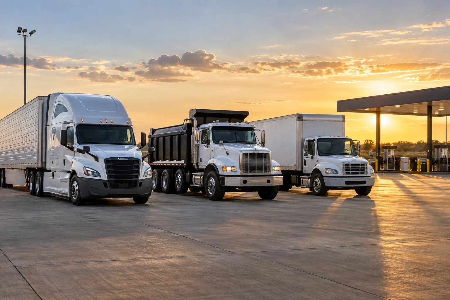 Three commercial trucks parked beside a fuel island in a Texas fleet yard at sunset