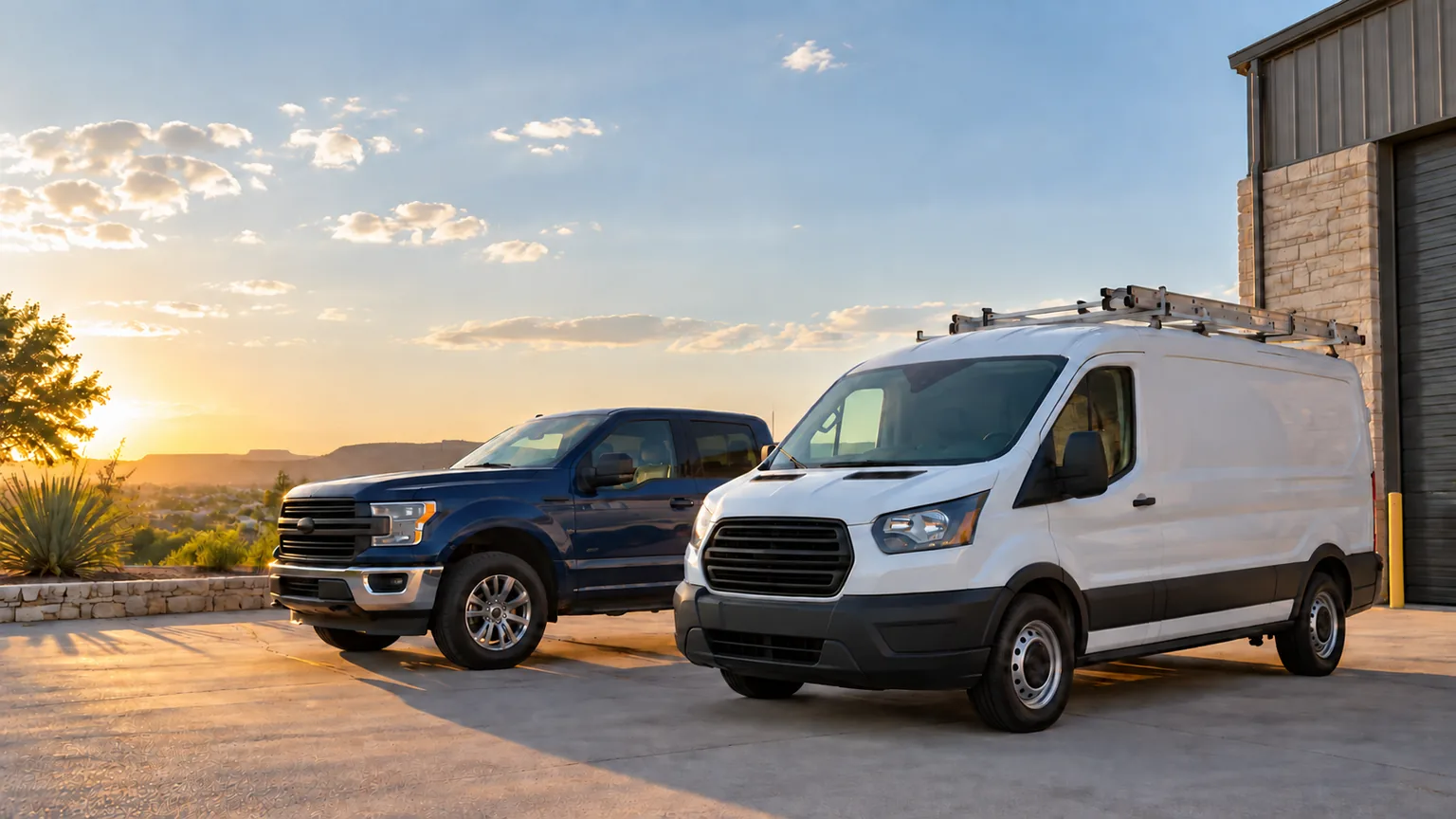 A white work van and a blue pickup parked outside a small business at sunset