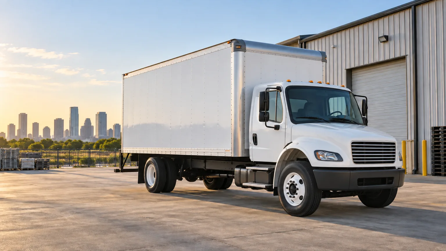 An unbranded white box truck parked beside a warehouse in morning light