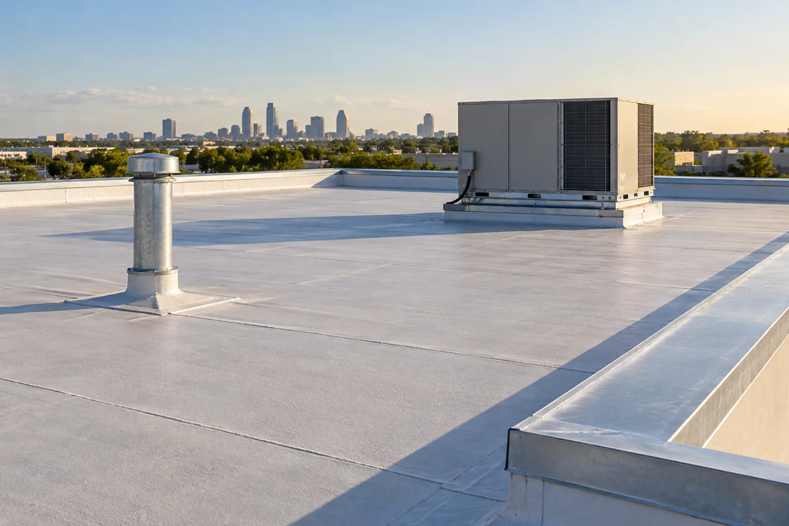Flat commercial rooftop with membrane seams and rooftop units under warm Texas daylight