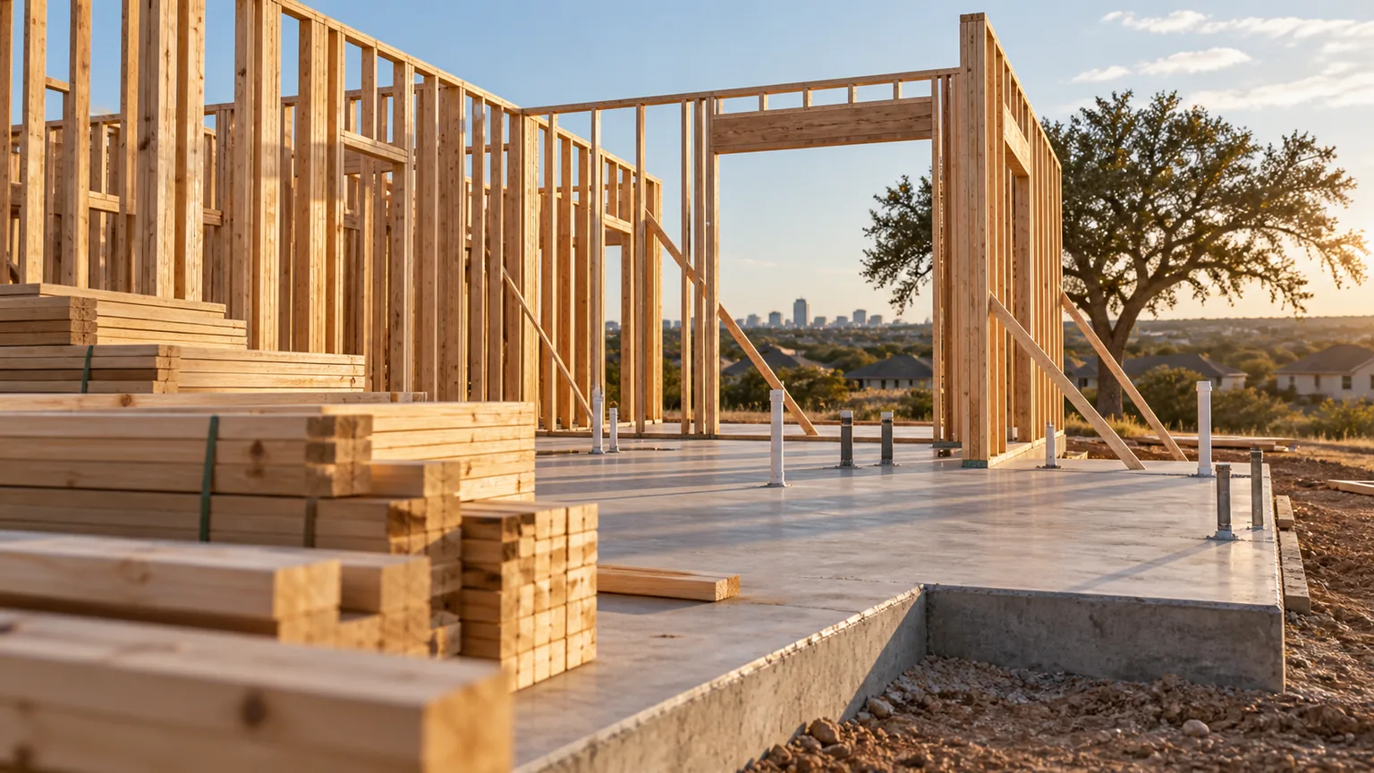 A partially framed house with stacked lumber on a Texas construction site