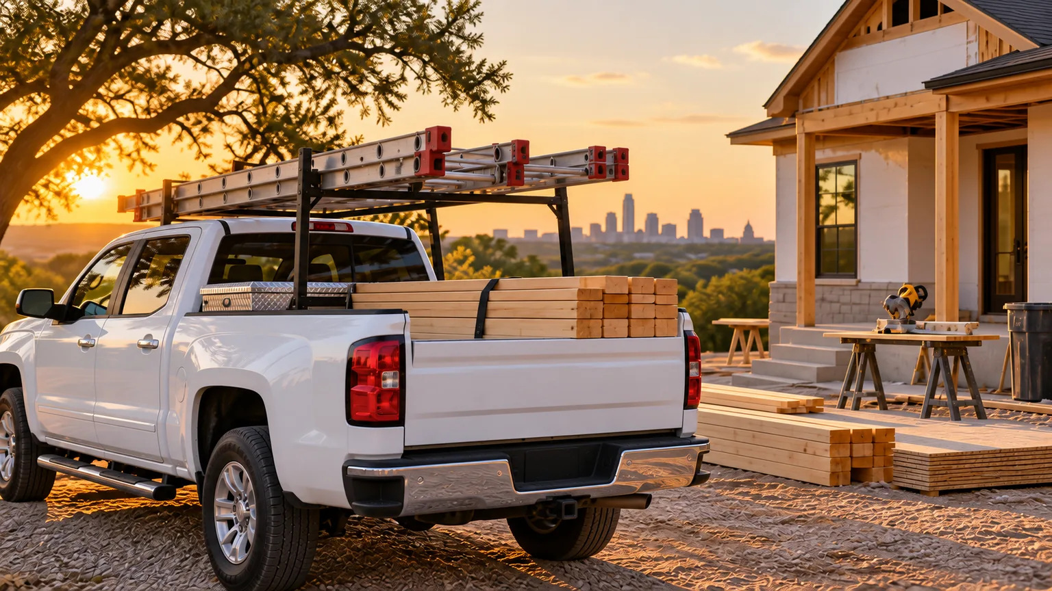 A contractor pickup loaded with ladders and lumber beside a residential jobsite