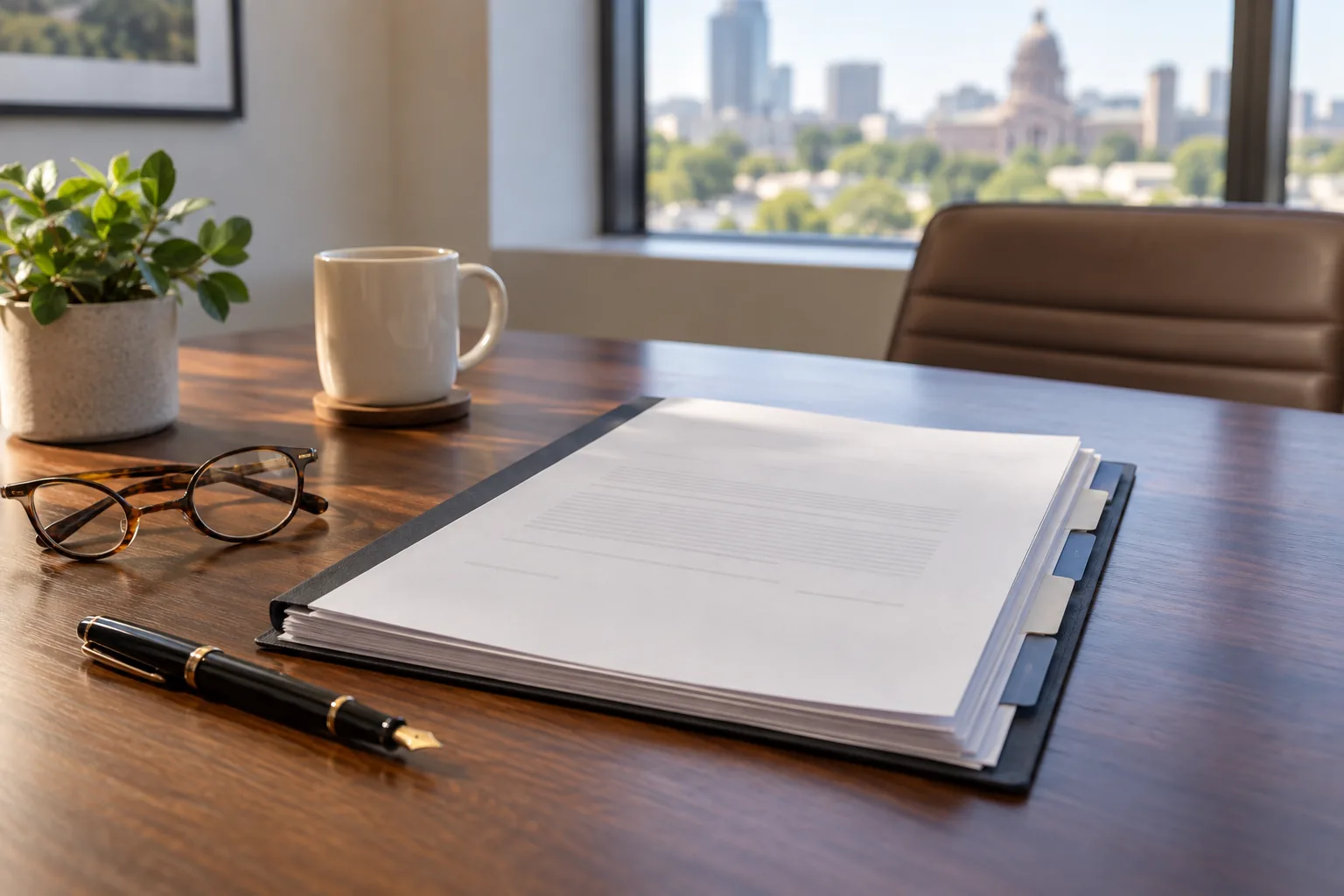 Tabbed contract packet, fountain pen, glasses, and mug on a conference table