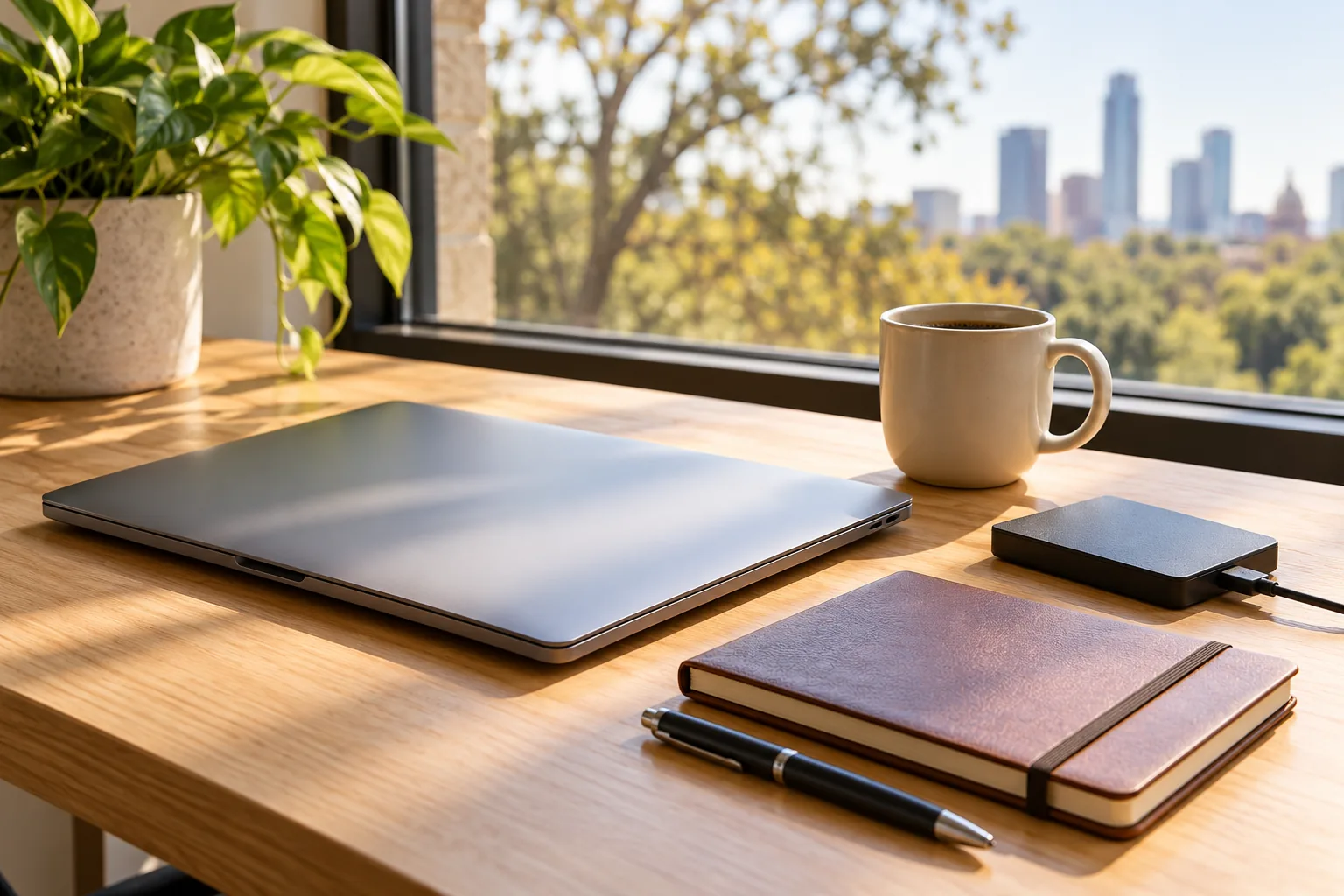 Closed laptop, external drive, notebook, pen, and coffee on a sunlit desk