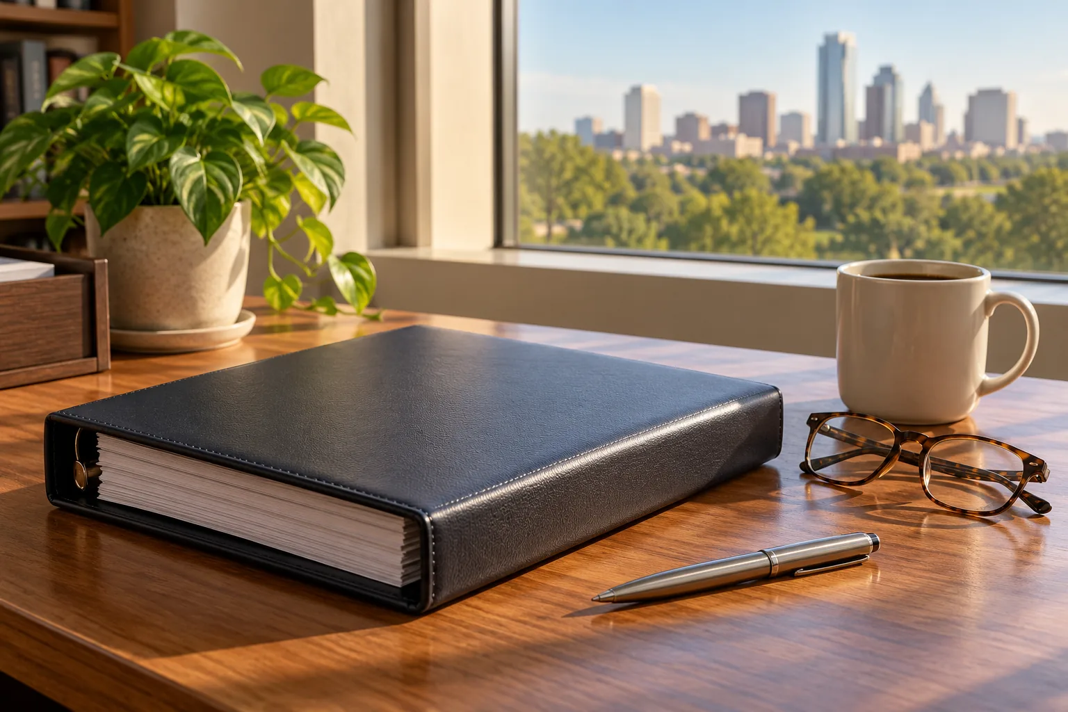 Closed plain binder, glasses, pen, and coffee mug on an office desk