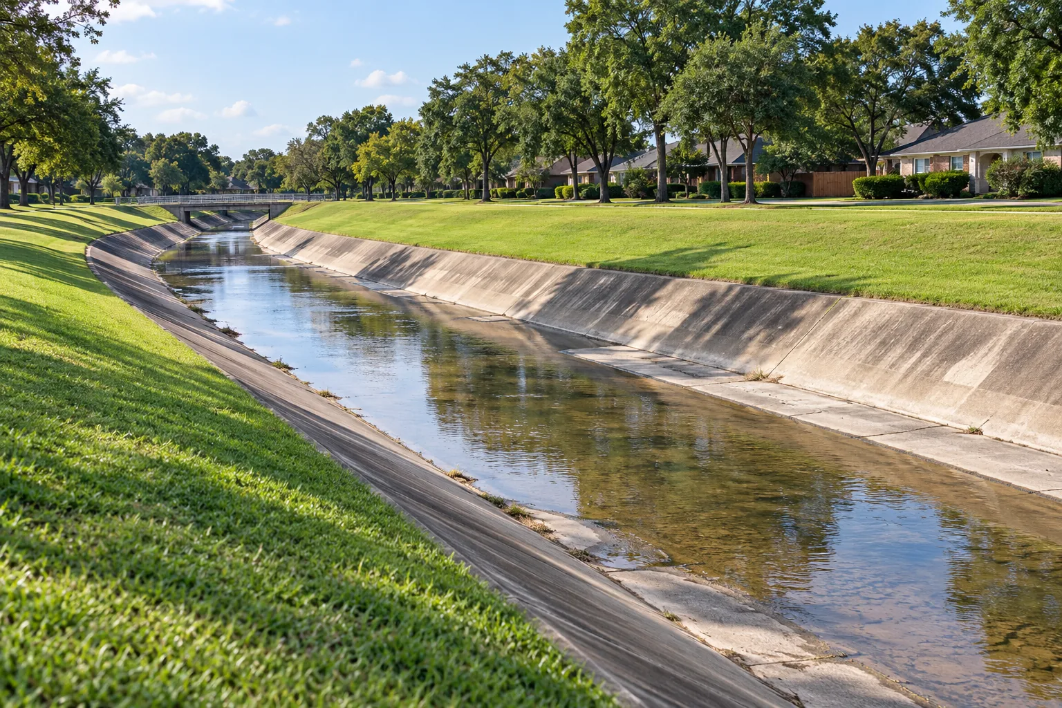 Shallow water in a concrete-lined drainage channel beside lawns and homes