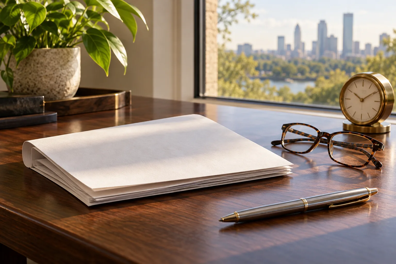 Folded blank papers, pen, glasses, and a brass clock on a walnut desk