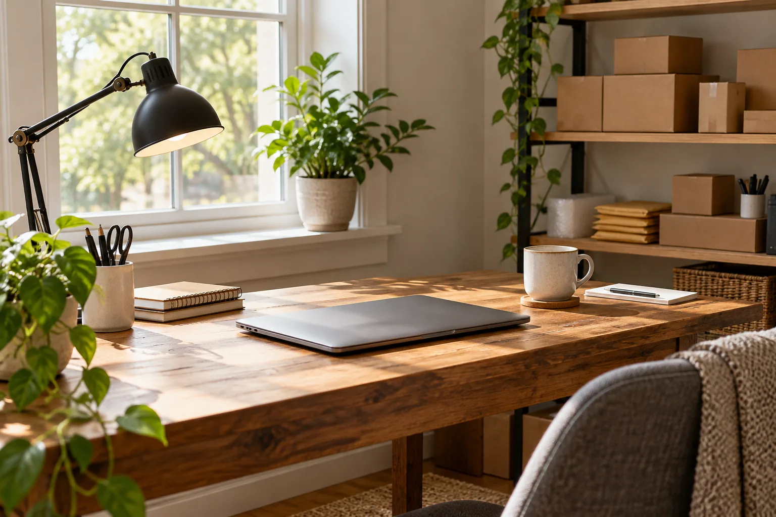 Home-office desk with a closed laptop, lamp, plants, and shelves of shipping boxes
