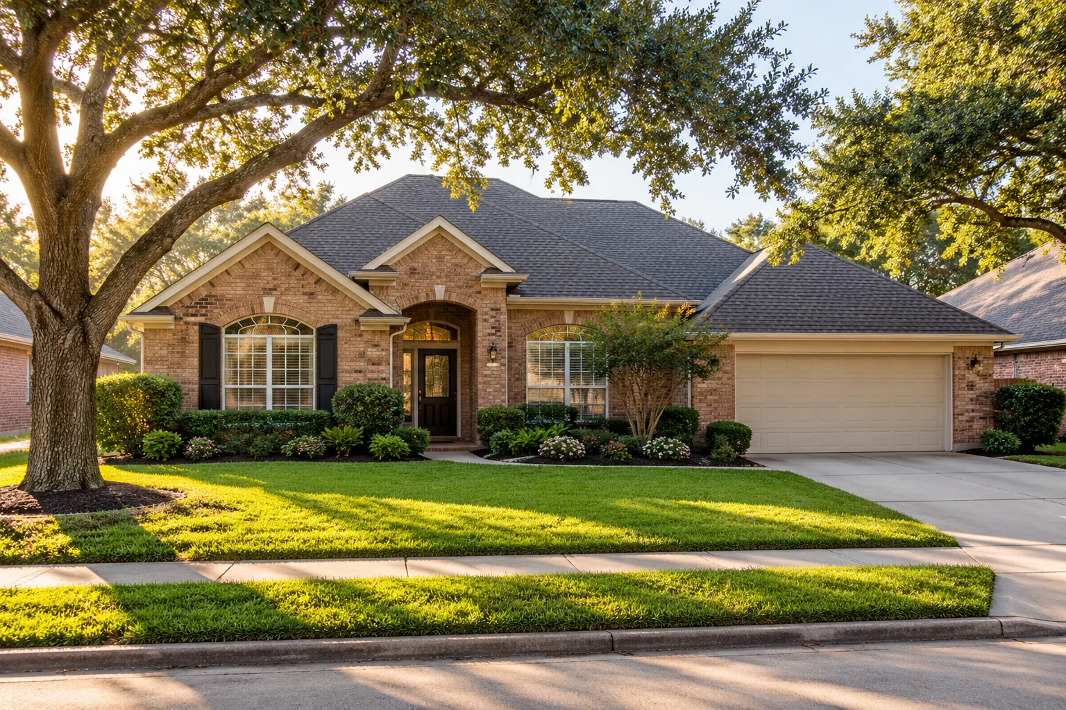 Brick suburban house with a shingle roof and mature oak trees in warm morning light