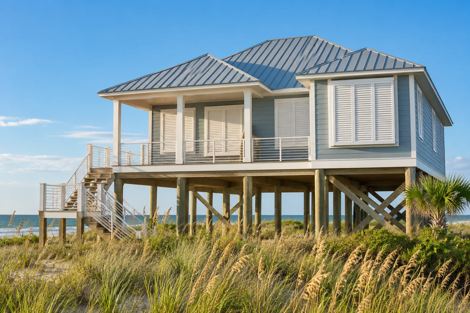 Raised coastal house with closed storm shutters, a metal roof, and sea grass