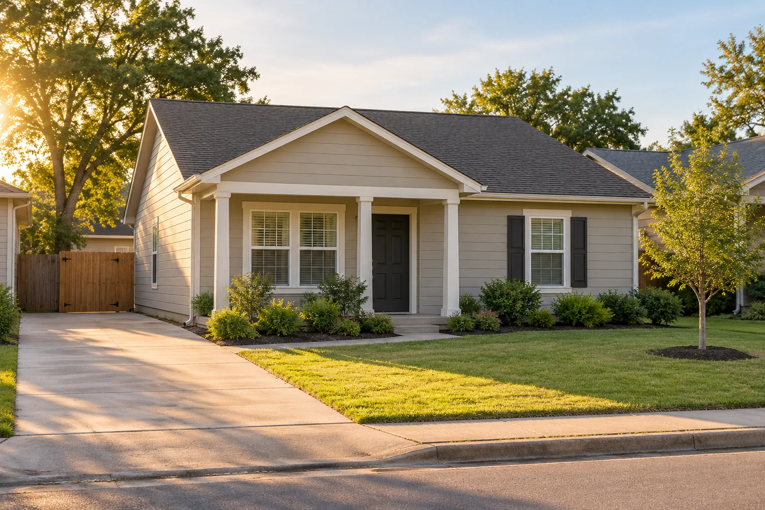 Modest single-story house with a front porch, short driveway, and tidy lawn