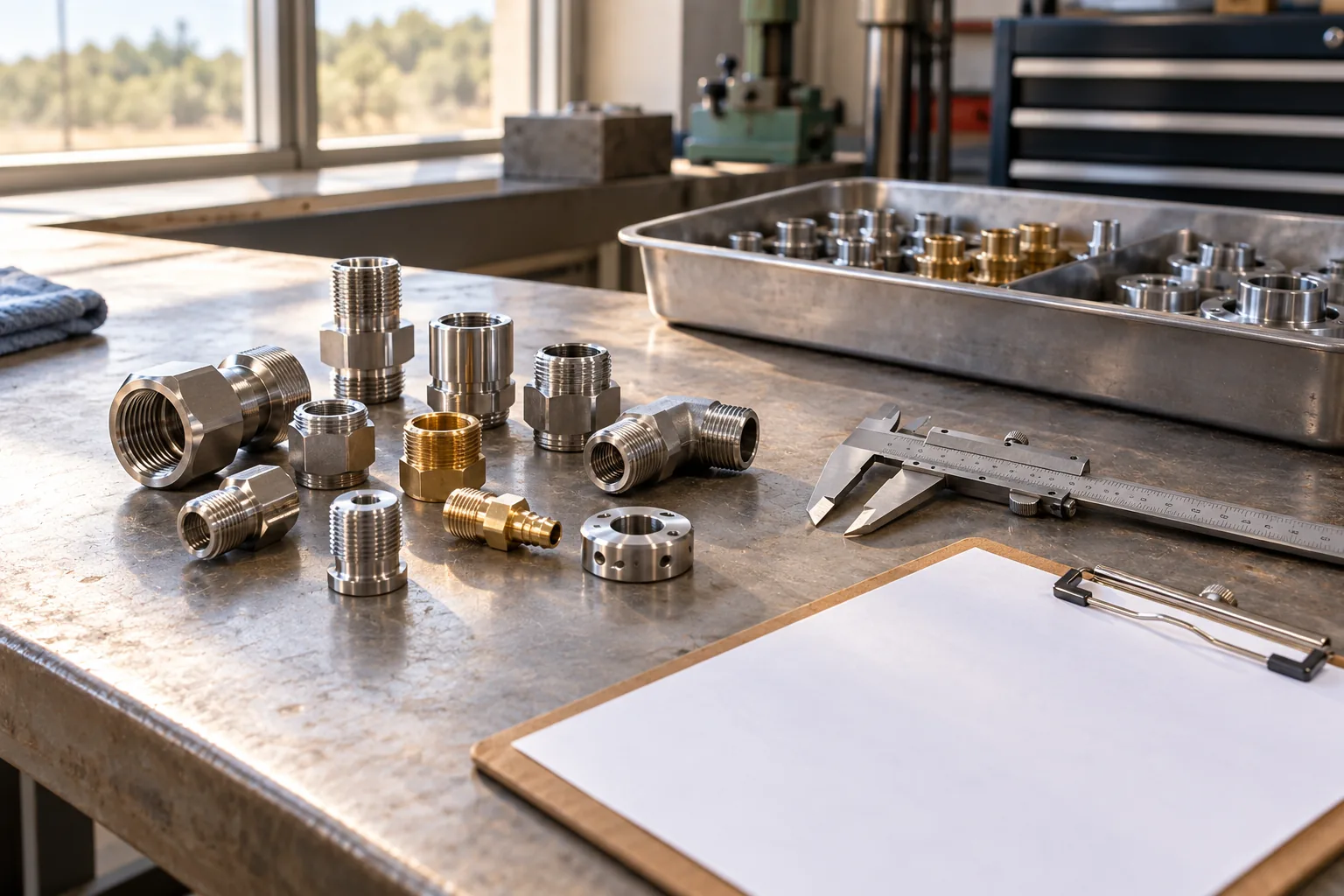 Metal fittings, a caliper, parts tray, and blank clipboard on a workshop bench