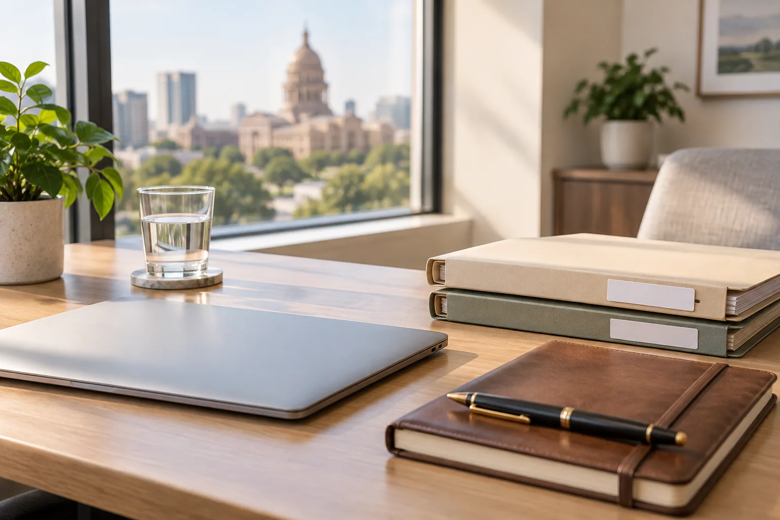Closed laptop, blank folders, notebook, pen, and water on an office desk