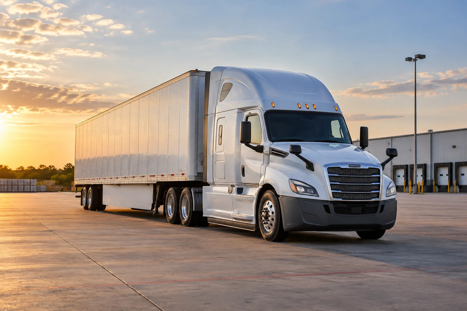 White semi tractor and box trailer parked at a Texas freight terminal at sunset