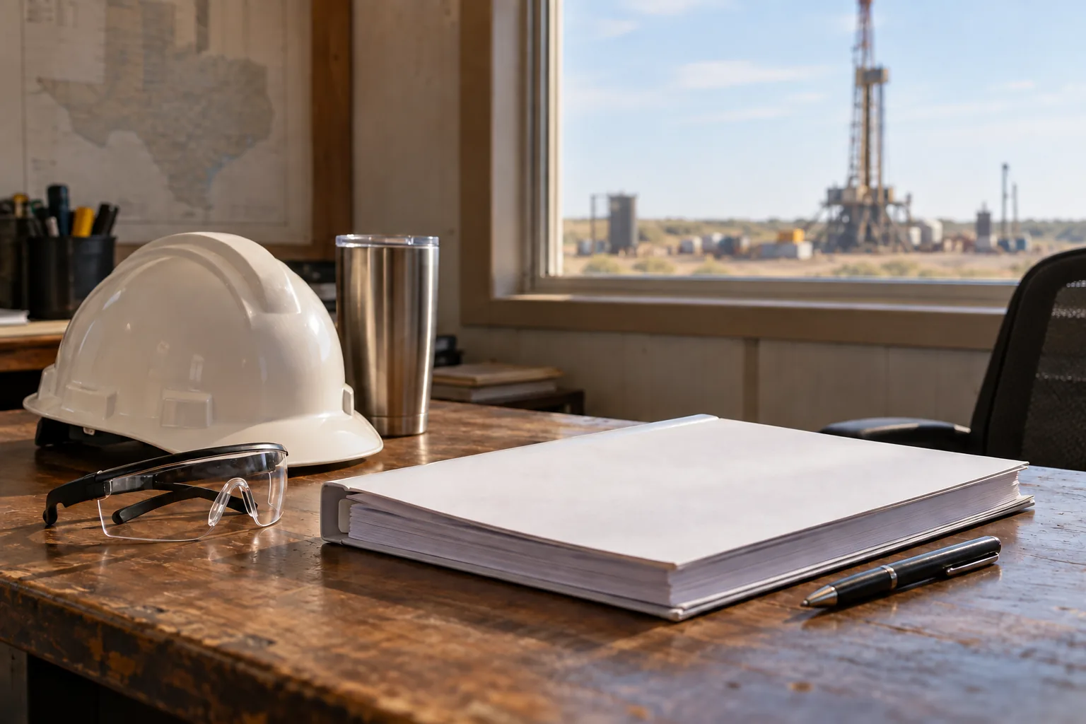 Contract binder, hard hat, safety glasses, and tumbler on a field-office desk