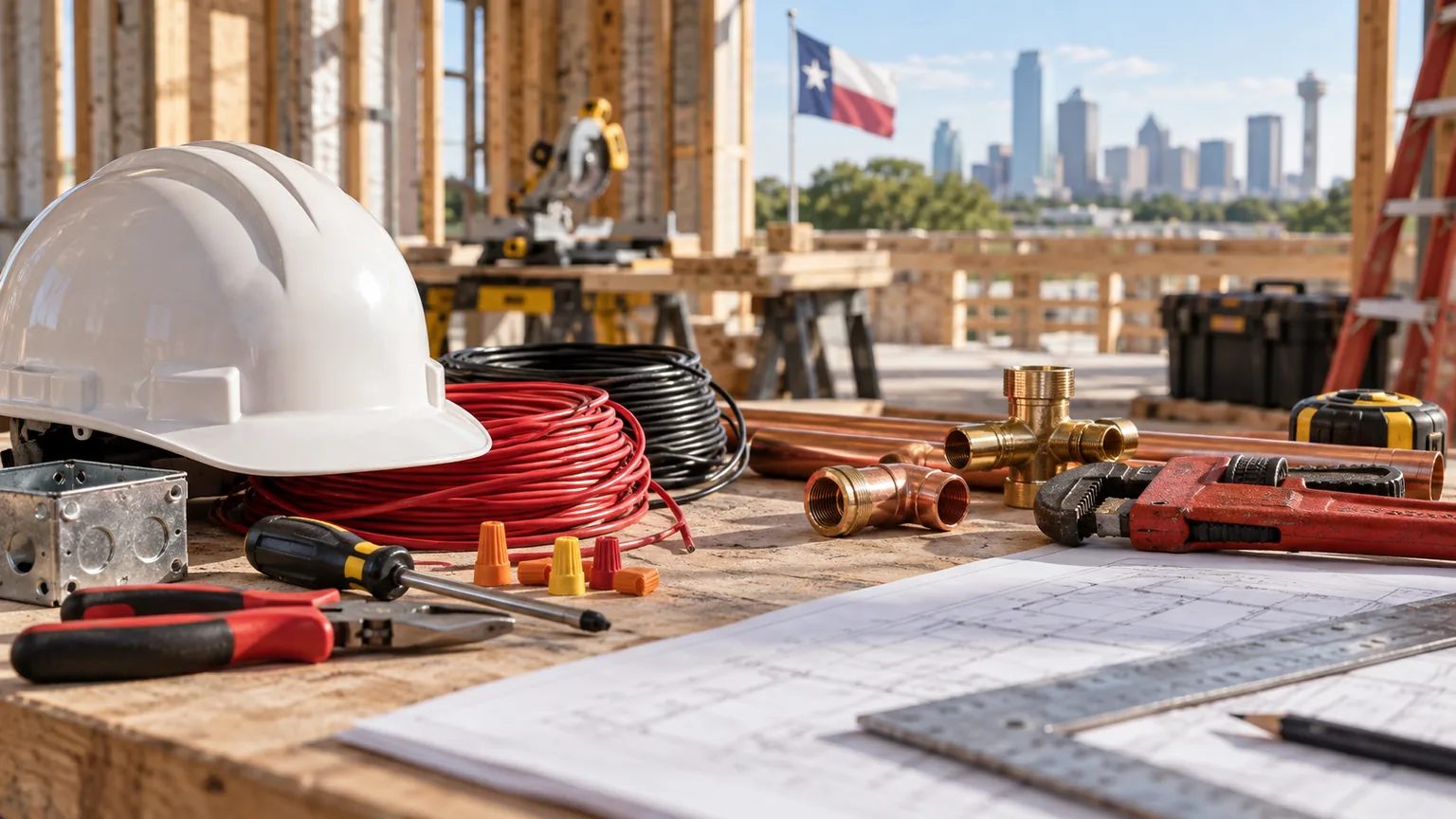 A safety helmet, electrical wire, plumbing fittings, and tools on a workbench