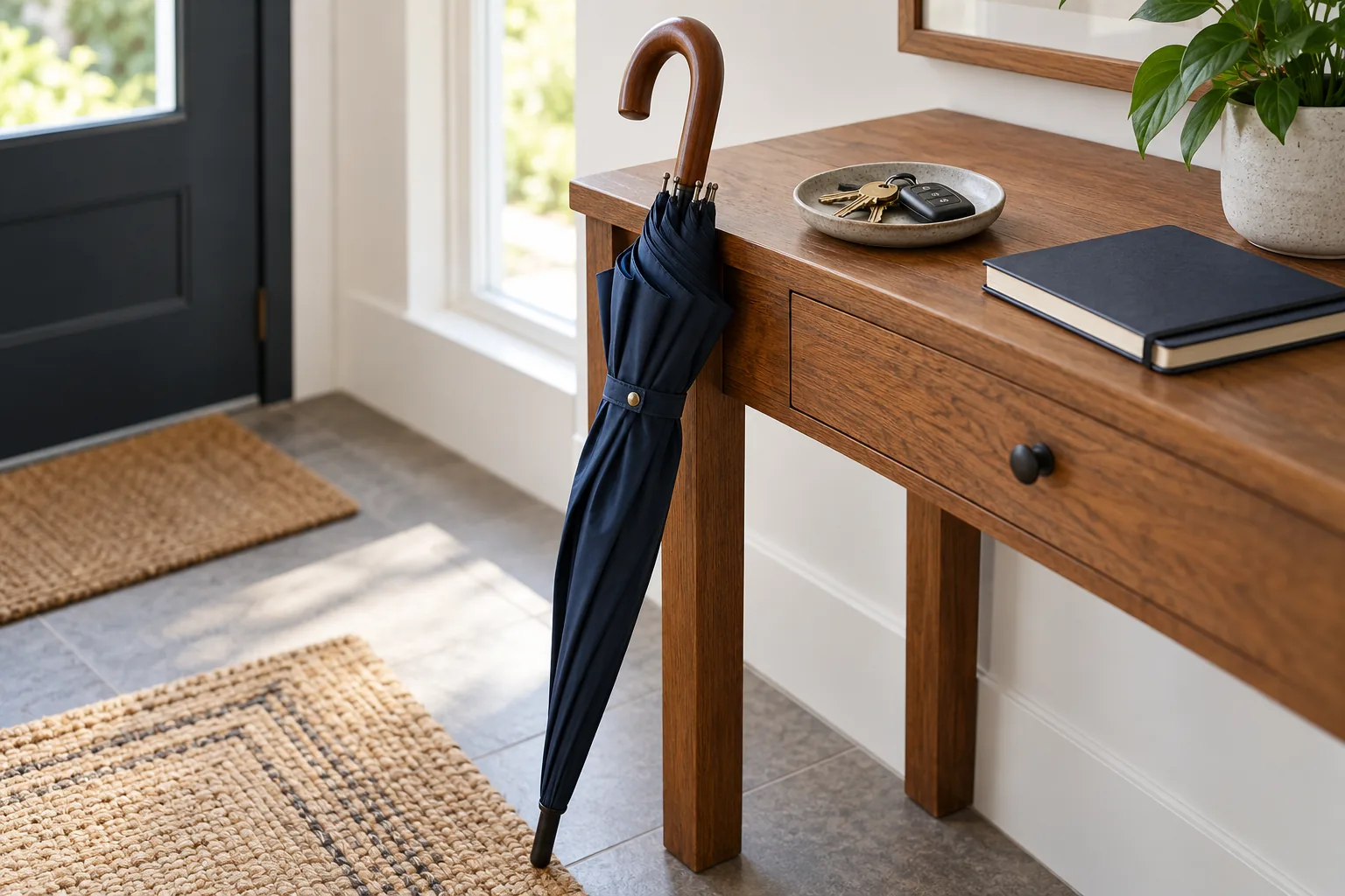 Closed navy umbrella beside a wooden table with keys and a notebook