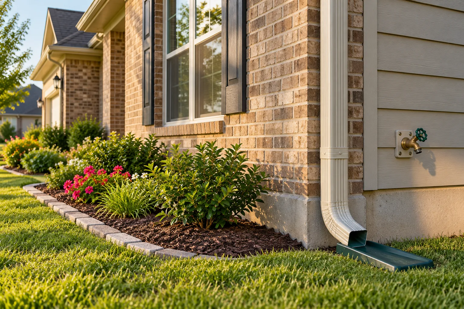 Brick and siding house exterior with a downspout, hose bib, and flowerbed