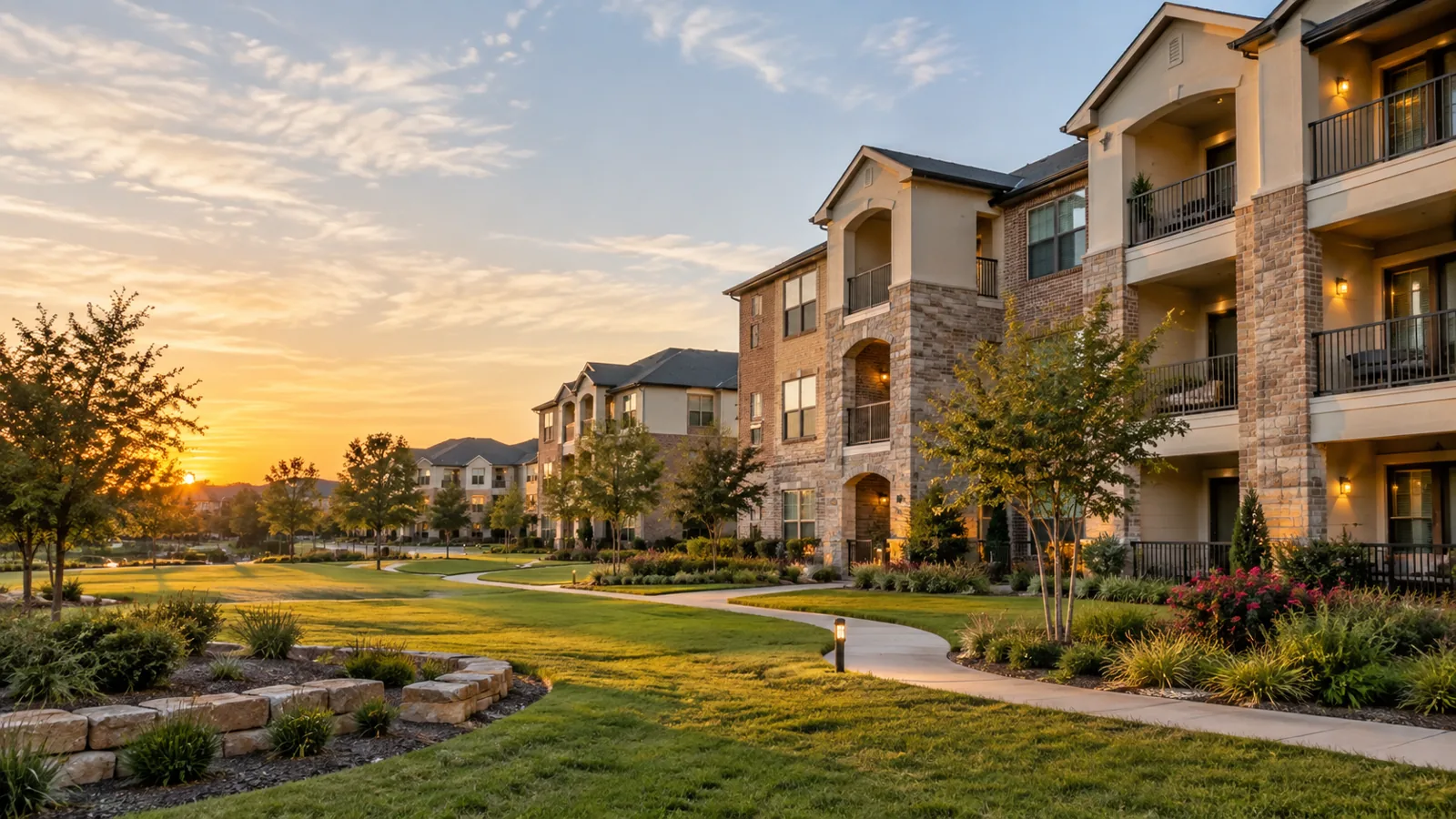 Landscaped apartment community in evening sunlight