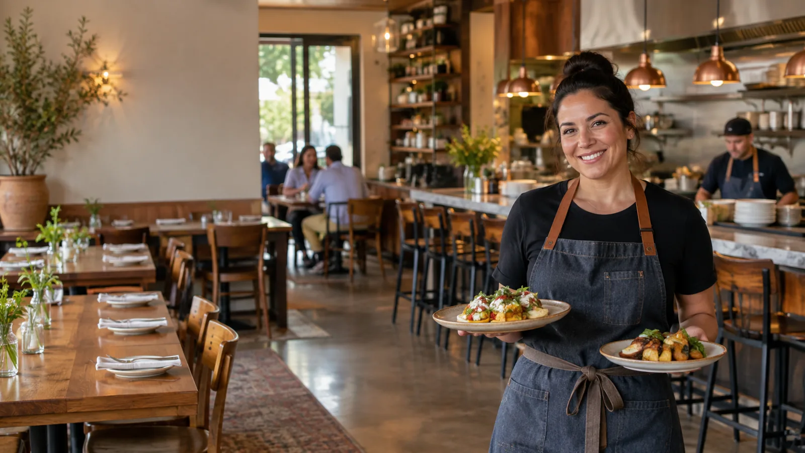 Restaurant worker holding plates in a warm neighborhood dining room