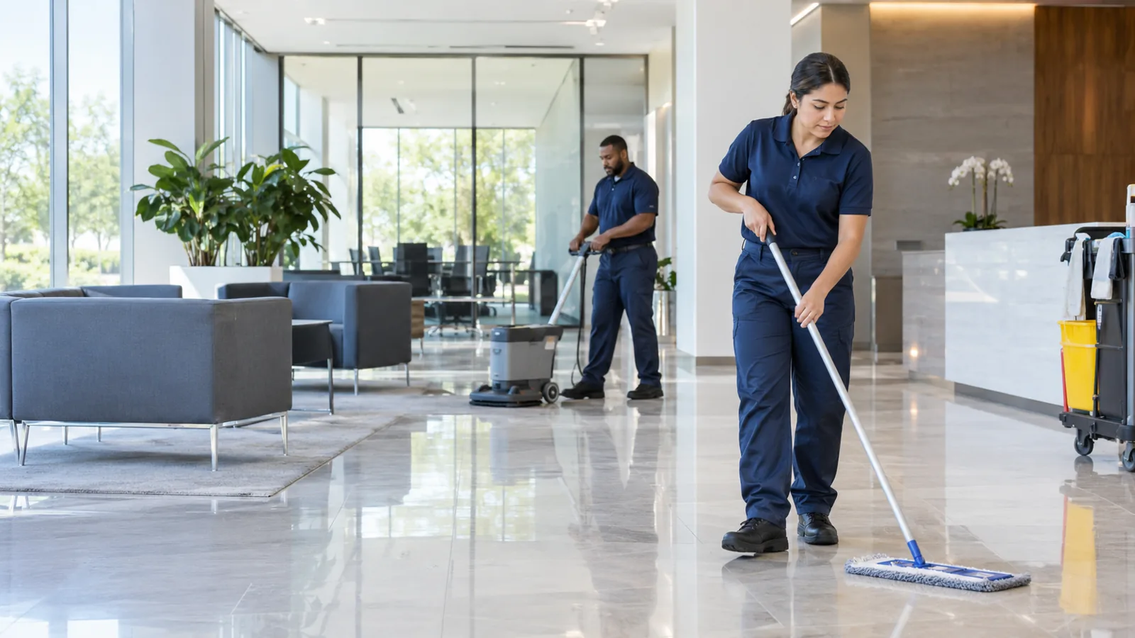 Commercial cleaning team working in an office lobby