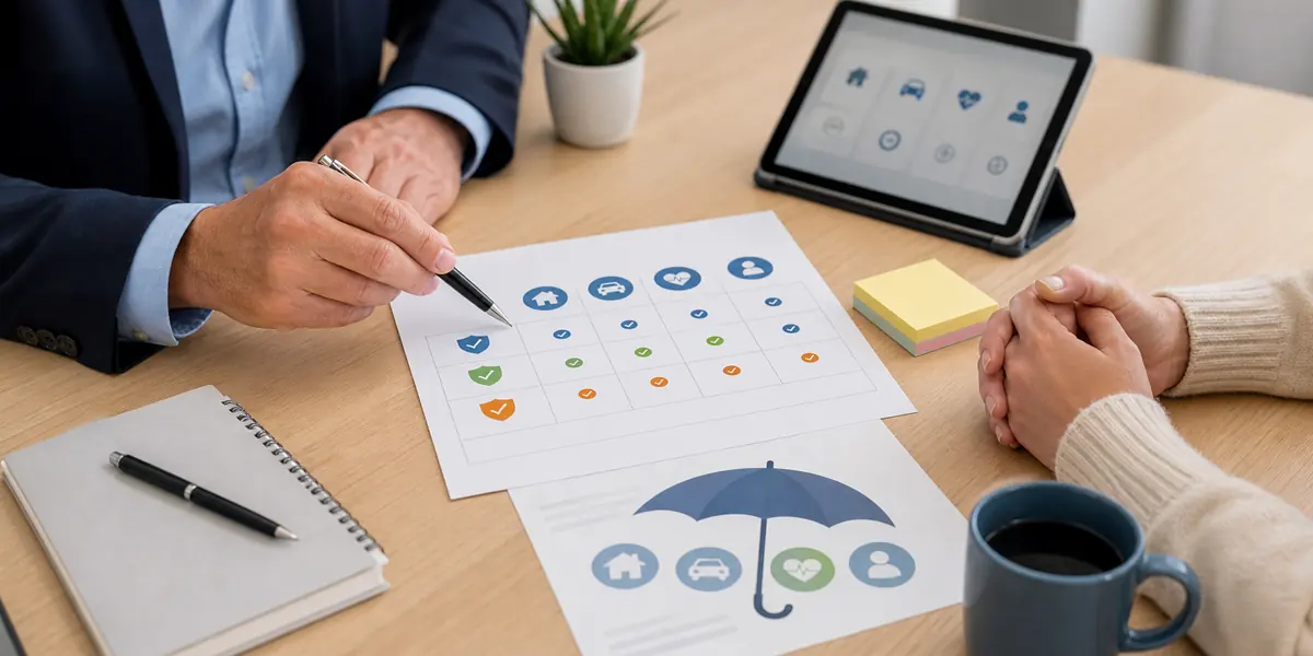 Customer and insurance advisor reviewing policy documents and digital service options