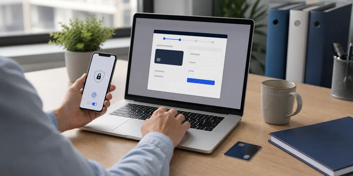 Customer accessing an insurance account from a phone and laptop