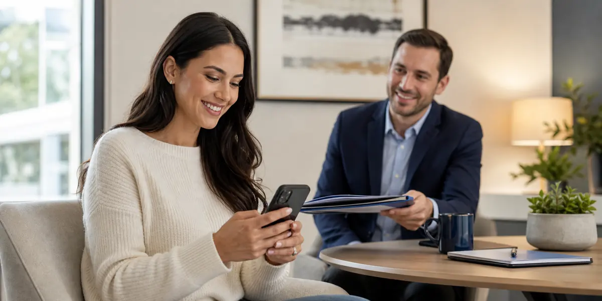 Customer checking insurance reviews and service options on a phone and laptop