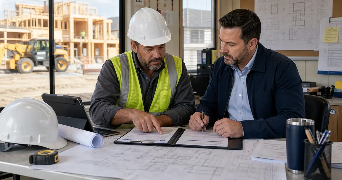 Contractor and advisor reviewing paperwork in a construction site office