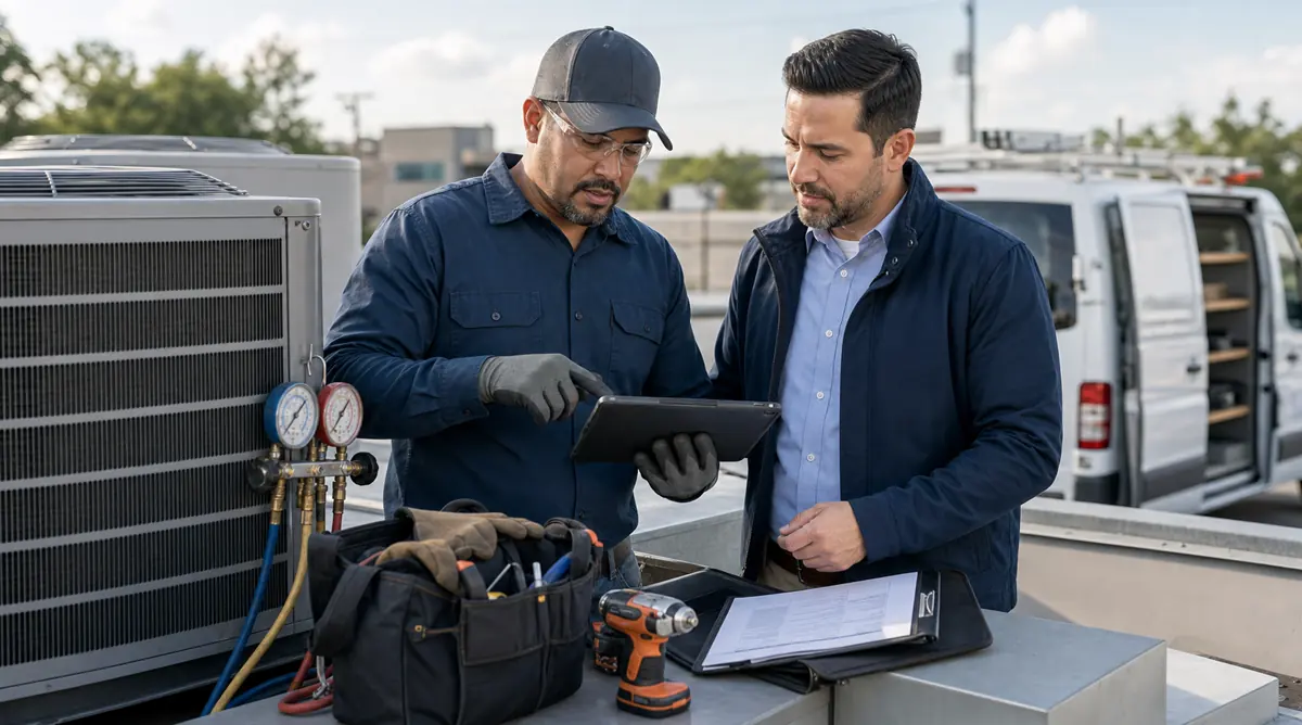 HVAC technician and advisor reviewing equipment and paperwork
