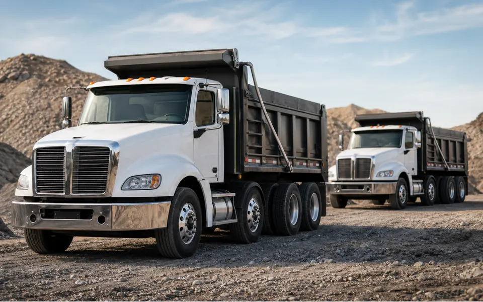 Dump trucks staged in a gravel and aggregate yard