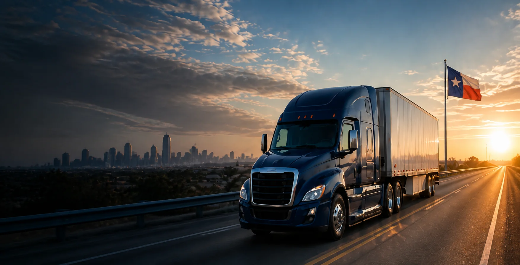 Blue semi truck traveling a Texas highway at sunrise