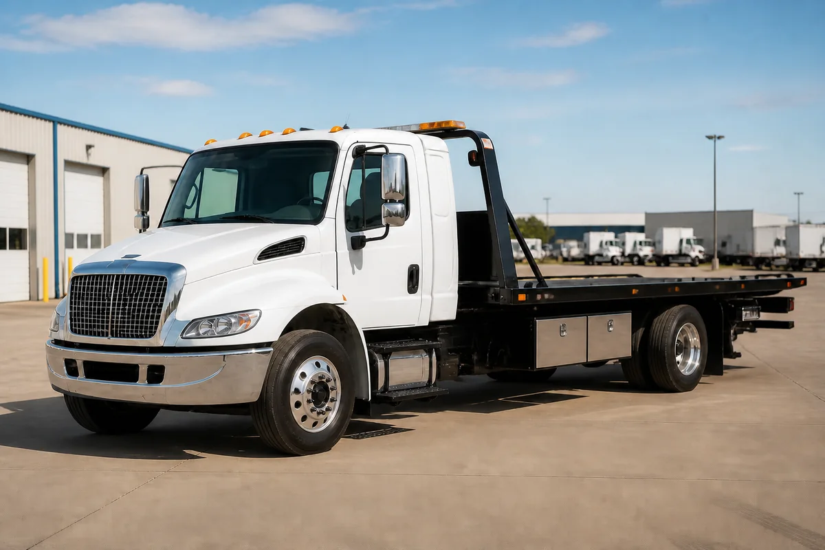 White rollback tow truck parked in a commercial vehicle yard